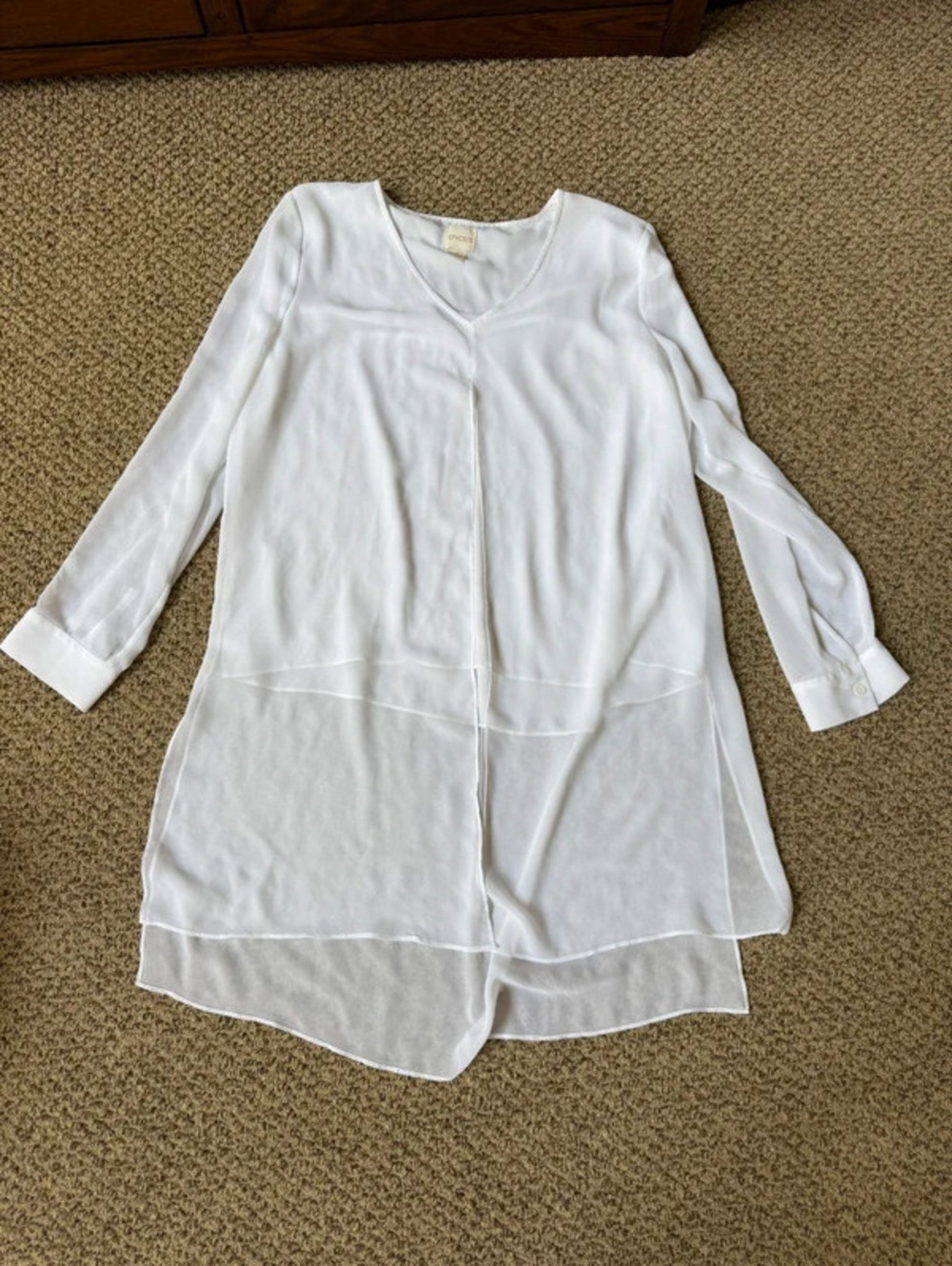 Chico's white blouse with flowy, elegant design